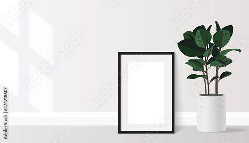 Poster mock up with empty black frame standing on floor and ficus plant. Vector realistic illustration