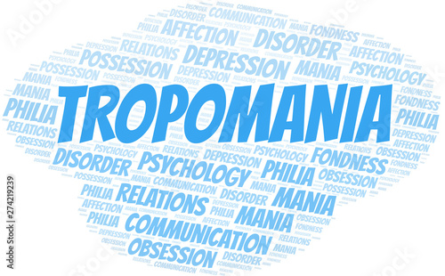 Tropomania word cloud. Type of mania, made with text only.