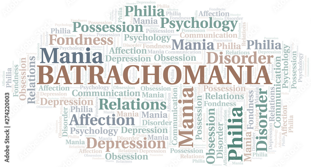 Batrachomania word cloud. Type of mania, made with text only.