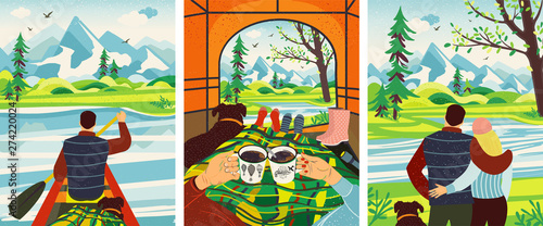 Romantic Camping Trip. Man And Woman Get To Chill In The Tent, Drinking Hot Coffee, Looking At Views In Mountains, Kayaking.