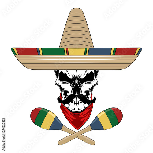 Skull in mexican hat with maracas. Vector image on white background.