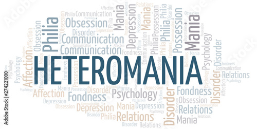 Heteromania word cloud. Type of mania, made with text only.