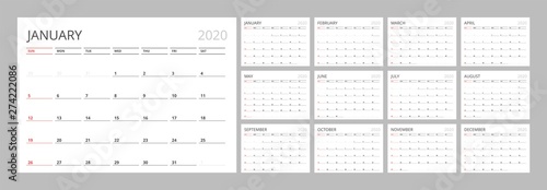 Calendar for 2020 year in clean minimal table simple style. Week Starts on Sunday. Set of 12 Months.