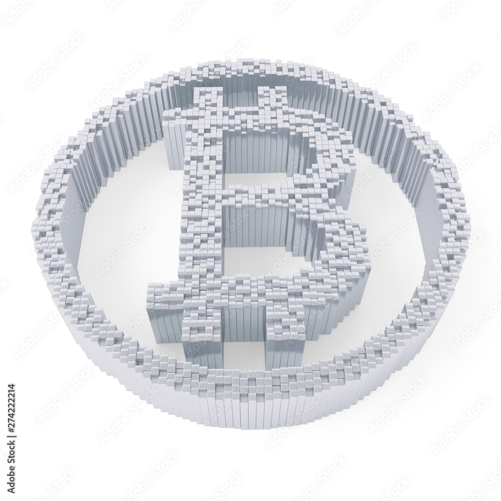 Silver bitcoin symbol on white background. Art concept. 3D render. Silver bitcoin symbol on white background. Art concept. 3D render.