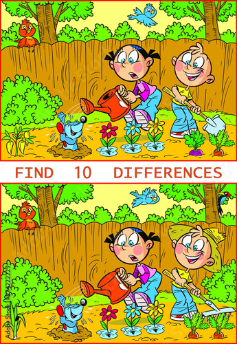 Vector illustration with a puzzle where you need to find ten differences in the pictures with working children in the garden.