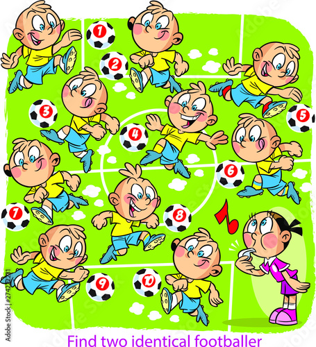 Vector illustration with a puzzle where you need to find two identical football players