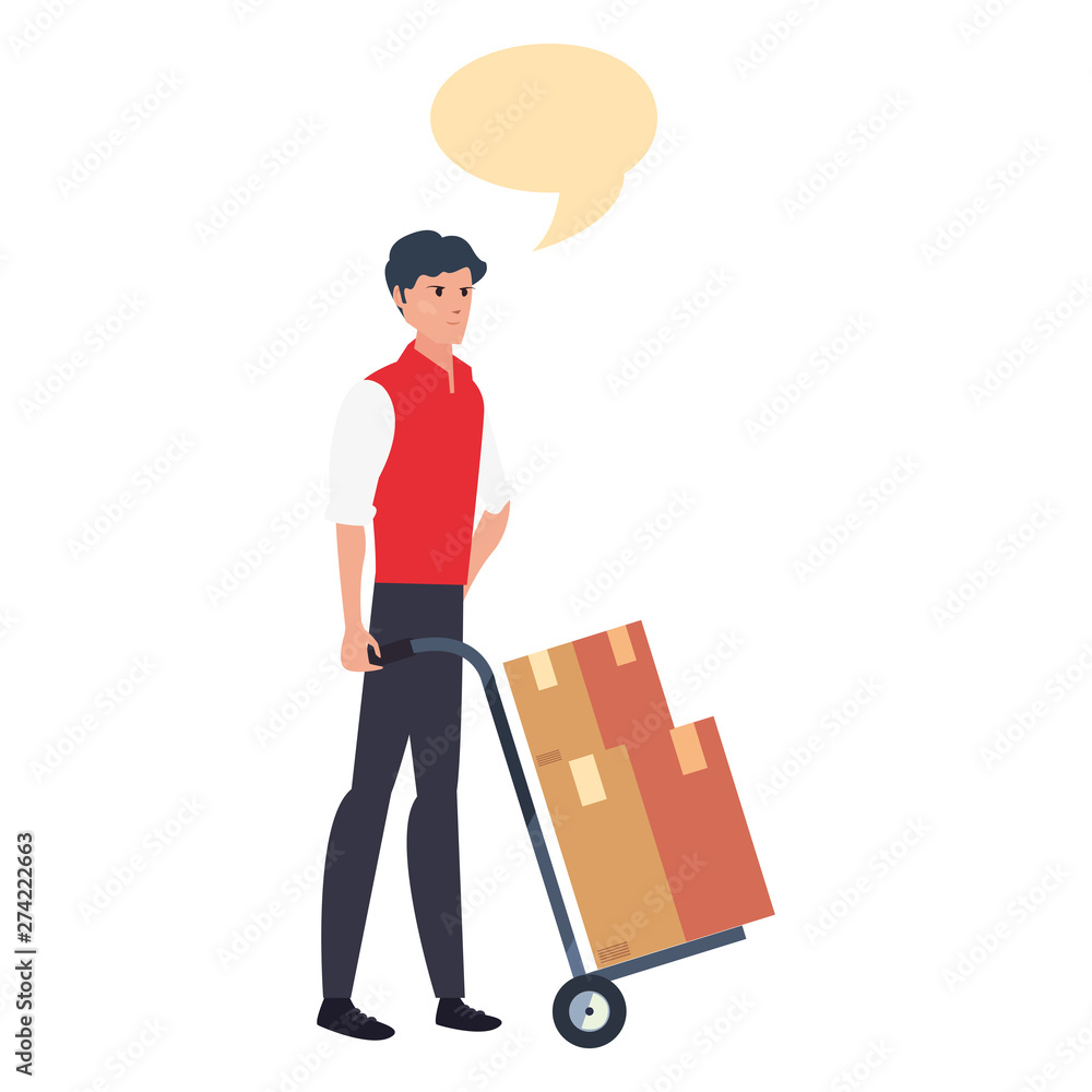 delivery man talk bubble with handcart boxes delivery man talk bubble with handcart boxes