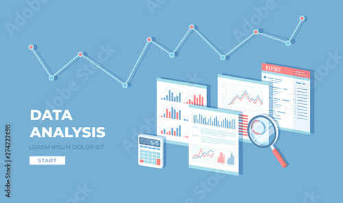 Data analysis concept. Financial Audit, SEO analytics, statistics, strategic, report, management. Charts, graphics on documents, magnifying glass, calculator. Vector isometric 3d