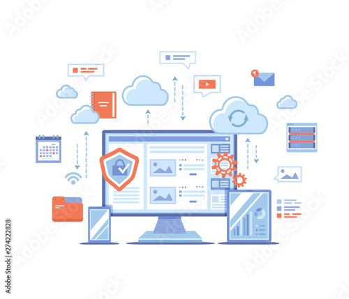 Cloud Storage. Online cloud computing, network hosting, services. Computer, phone, tablet, server, personal information, clouds.  landing page template or web banner, infographics. Vector illustration