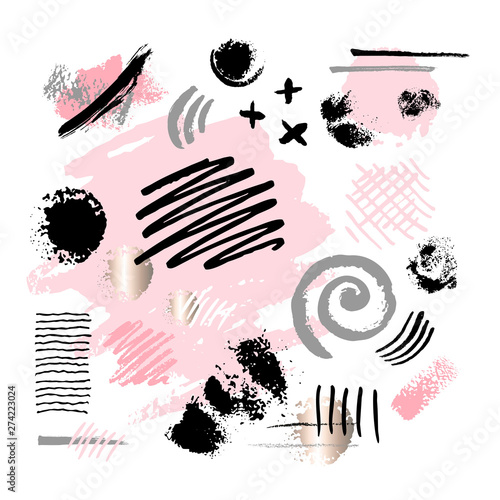 Abstract poster pastel makeup strokes. Set beauty cosmetic nude brush stains smear make up lines collection lipstick swatches texture isolated pink gold paint line golden foil texture. photo