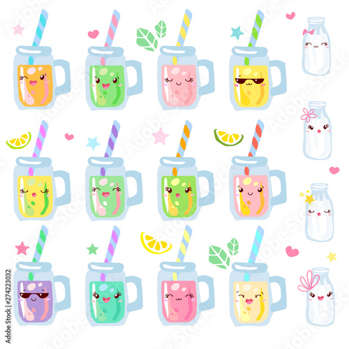 Cute funny smoothies jars characters set isolated on white background. Smiling mugs kawaii cartoon happy jar collection. Hand drawn vector illustration.