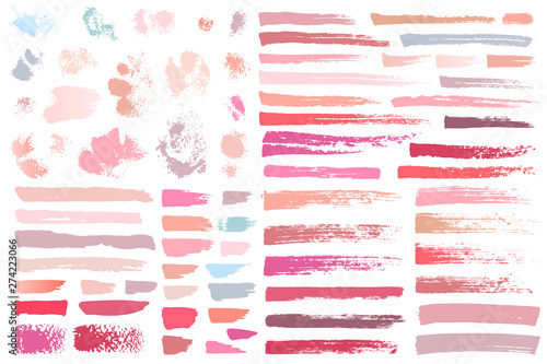 Swatches makeup strokes. Set beauty cosmetic nude brush stains smear make up lines collection lipstick swatches texture isolated on white paint line texture. Hand drawn vector illustration.