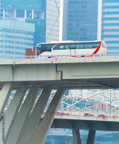 Photography Bus driving overpass bridge, Singapore