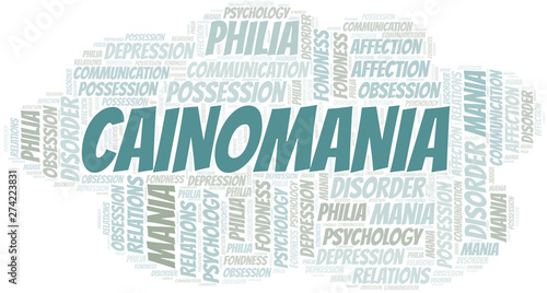 Cainomania word cloud. Type of mania, made with text only.