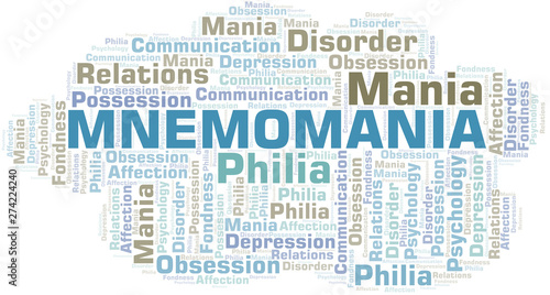 Mnemomania word cloud. Type of mania, made with text only.