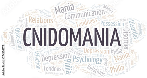 Cnidomania word cloud. Type of mania, made with text only.