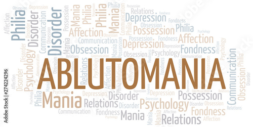 Ablutomania word cloud. Type of mania, made with text only.