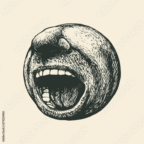 Screaming mouth. Round emoticon. Drawing Style. Vector illustration.