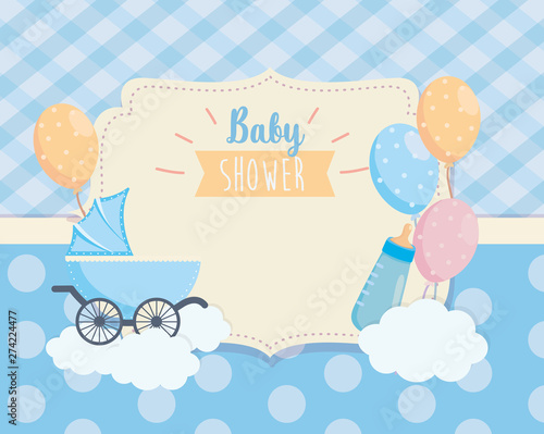 label of baby carriage and balloons deccoration