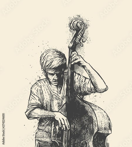 Man playing double bass. Concept for jazz festival poster. Hand drawn vector illustration.