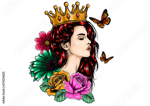 Beautiful girl in crown. Girl with long hair. Vector illustration for a postcard or a poster, print for clothes.