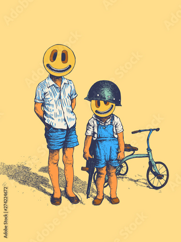 Two boys with emoticons instead of faces. Angry little bikers with retro tricycle. Vector illustration.