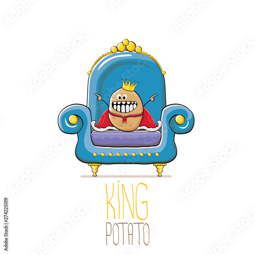 vector funny cartoon cute brown smiling king potato with golden royal crown and red mantle or cape sitting on blue throne isolated on white background. vegetable funky food drawn character