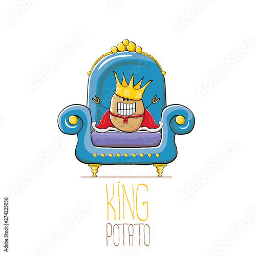 vector funny cartoon cute brown smiling king potato with golden royal crown and red mantle or cape sitting on blue throne isolated on white background. vegetable funky food drawn character