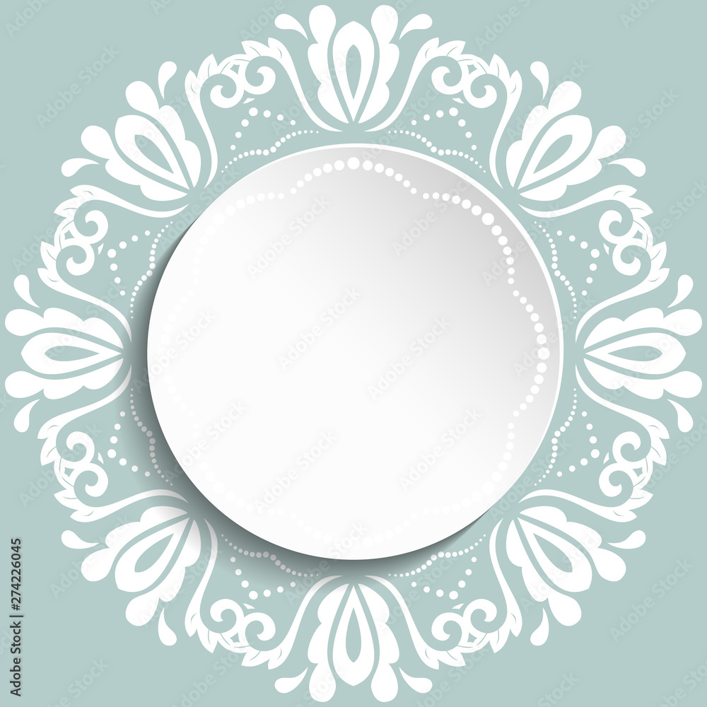 Round vector frame with floral white elements and arabesques. Pattern with arabesques. Fine greeting card Round vector frame with floral white elements and arabesques. Pattern with arabesques. Fine greeting card