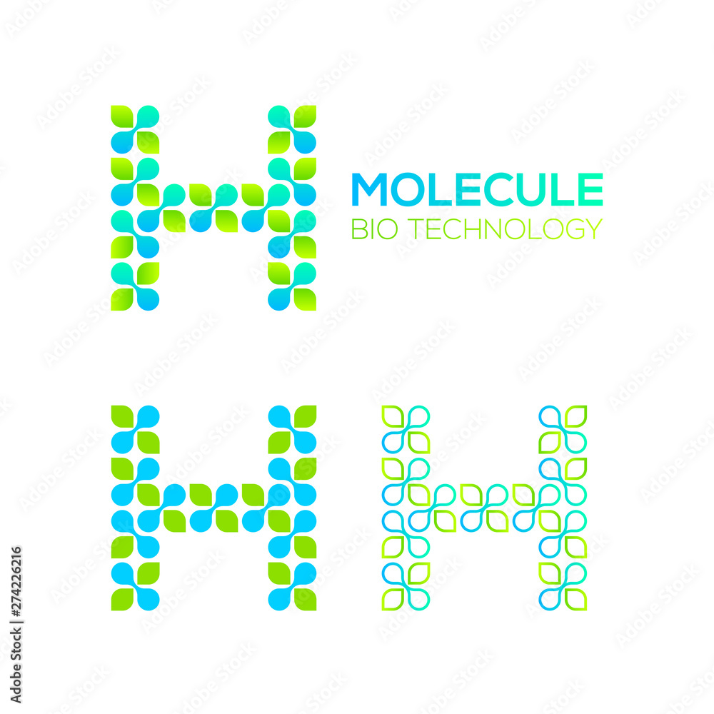 Letter H Logotype with Green Leave and Dots cross, Molecular cell