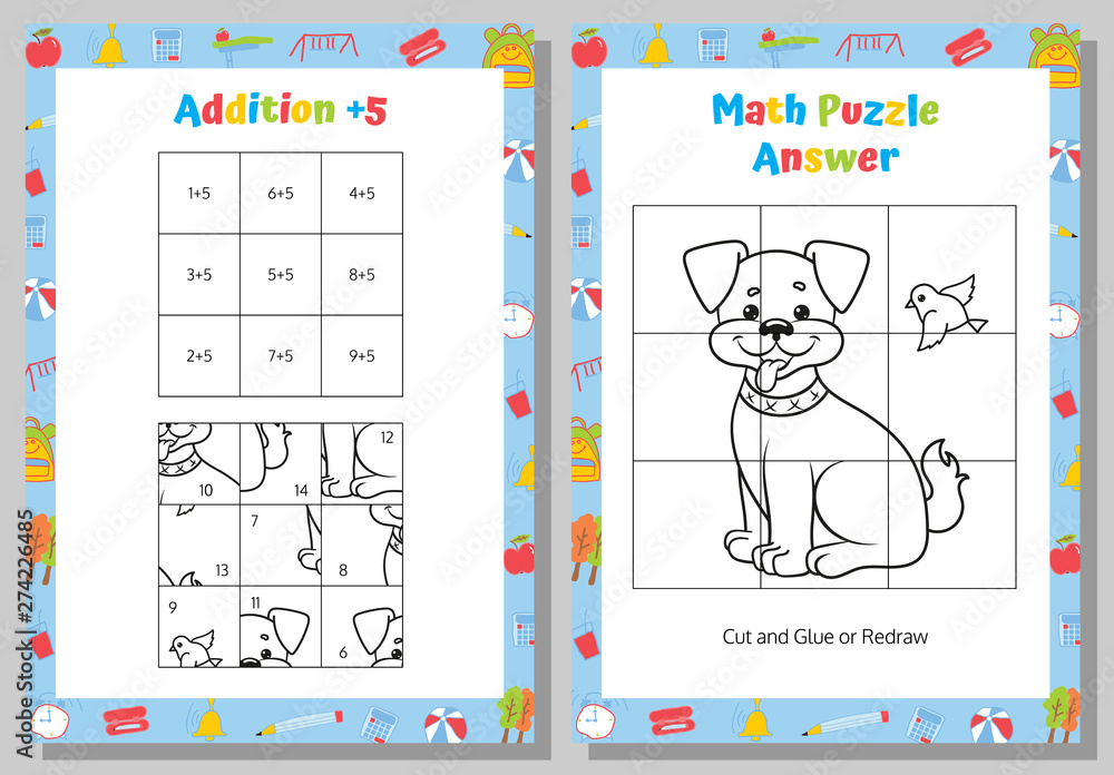 Addition Math Puzzle Worksheet. Educational Game. Mathematical Game