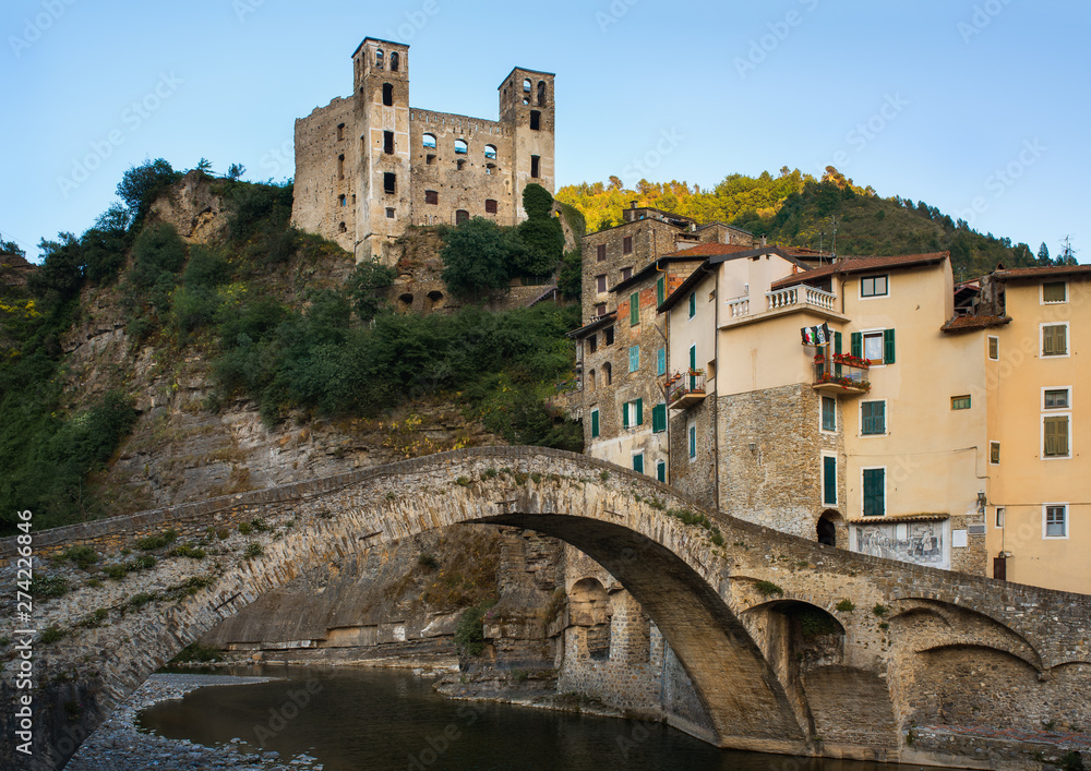 View of Dolceacqua castle and the bridge in the old town of Dolceacqua, Imperia province, Liguria region, Italy