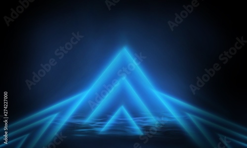 Empty stage background in purple color, spotlights, neon rays. Abstract background of neon lines and rays. Abstract background with lines and glow. Empty stage the reflection of neon lights