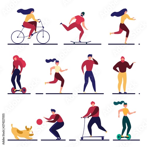 Cartoon Active People Set Outdoors Illustration