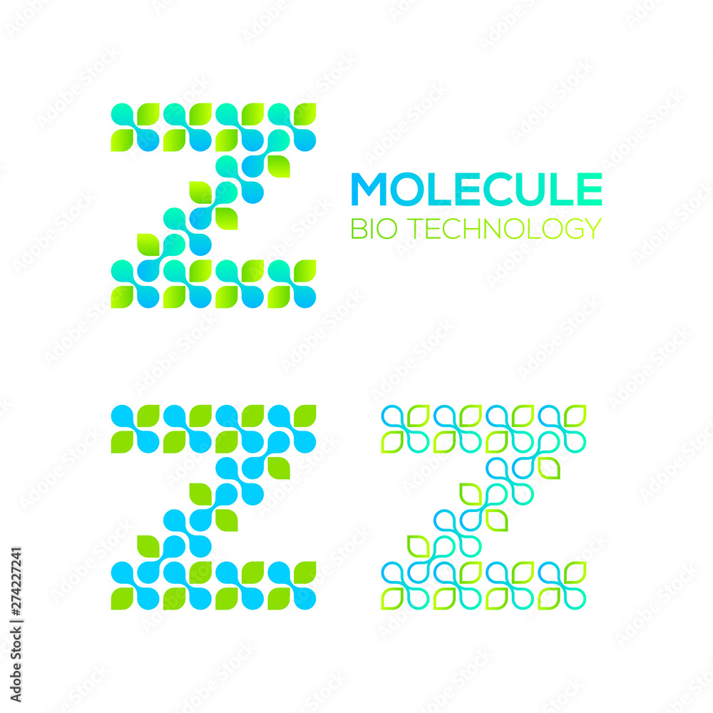 Obraz premium Letter Z Logotype with Green Leave and Dots cross, Molecular cell structure concept, Nano Technology and Ecology Biology logo, Eco Plant Icons, Chemistry and DNA Symbols, Science Laboratory Signs