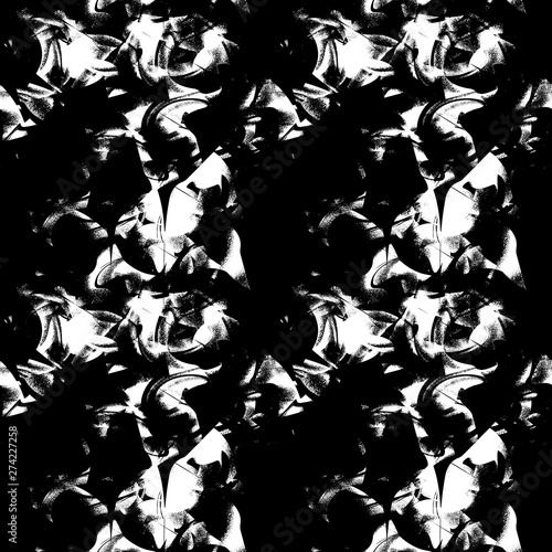 Seamless pattern abstract design. Black and white print with waves and whirlpool splashes. Watercolor effect. Suitable for bed linen, leggings, shorts and fashion industry.