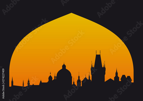 Vector silhouette of Prague with sunset