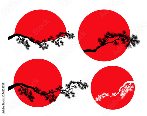 long pine tree branches against red sun disk - traditional japanese nature vector silhouette design