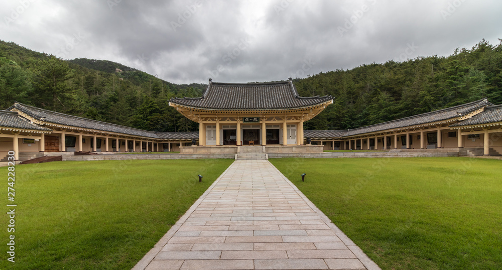 Panorama of central square, buildings and main Pavilion inside Tongiljeon Complex. Heritage of former Capital Gyeongju, South Korea. Asia. Panorama of central square, buildings and main Pavilion inside Tongiljeon Complex. Heritage of former Capital Gyeongju, South Korea. Asia.