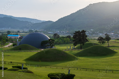 Panoramic view on Royal Tomb of King Gyeongdeok. Tumulus hill complex and Monuments in nice vegetation. Geumseong-myeon  Uiseong County  South Korea  Asia.