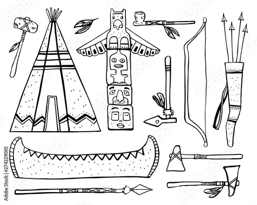 Native American traditional objects. Wigwam, totem pole, canoe, weapons. Vector hand drawn outline sketch illustration set