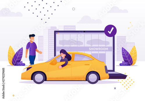 Woman Driving Rented or New Car from Showroom.
