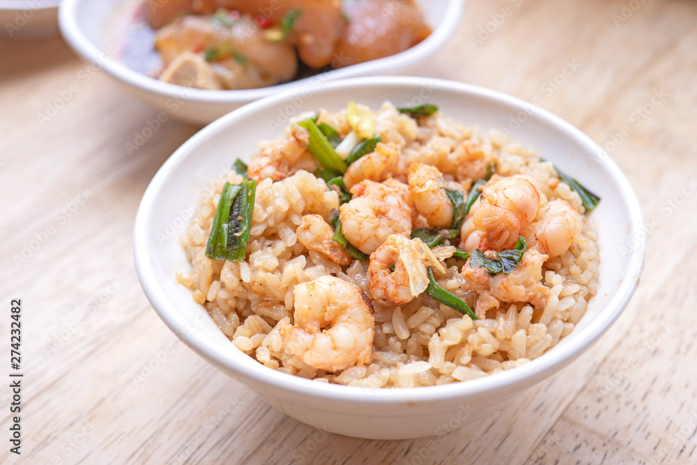 Braised shrimp over rice - Taiwan famous traditional street food. Soy-stewed prawn on cooked rice. Travel concept, top view, copy space, close up Braised shrimp over rice - Taiwan famous traditional street food. Soy-stewed prawn on cooked rice. Travel concept, top view, copy space, close up