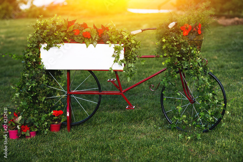 Image of garden bike decorated with red flowers in garden on summer