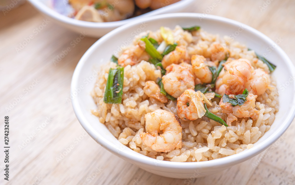 Braised shrimp over rice - Taiwan famous traditional street food. Soy-stewed prawn on cooked rice. Travel concept, top view, copy space, close up Braised shrimp over rice - Taiwan famous traditional street food. Soy-stewed prawn on cooked rice. Travel concept, top view, copy space, close up