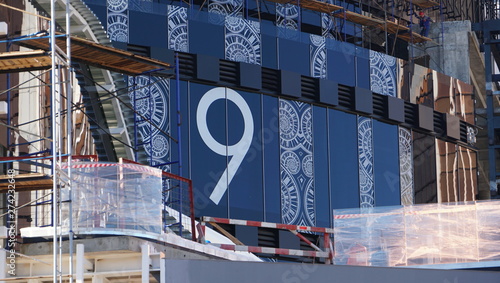 Canvas Print MOSCOW - SEPTEMBER 17, 2018: facade decoration works of Moscow-City skyscraper