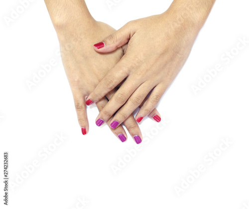 Women hands with nail manicure on white background