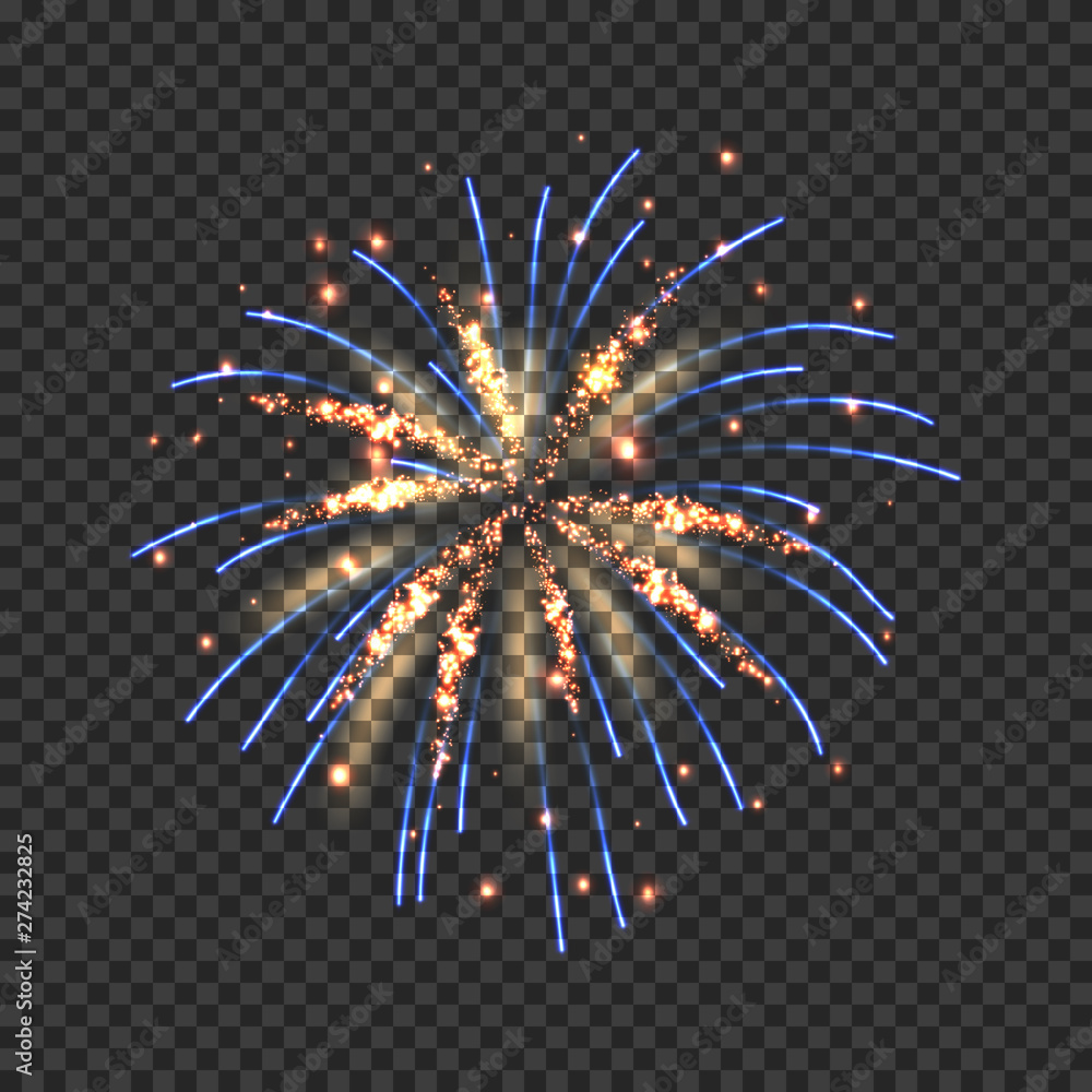 Festive fireworks with bright golden and blue sparks. Colorful pyrotechnics  show element. Realistic single firework flash isolated on transparent  background. Fantastic light performance in night sky. Stock Vector | Adobe  Stock