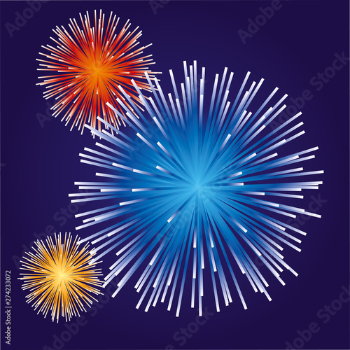 Fireworks background whit blue background. Primary colors.