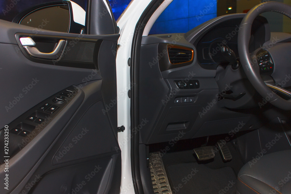 Beautiful new car interior. Vehicle controls panel.